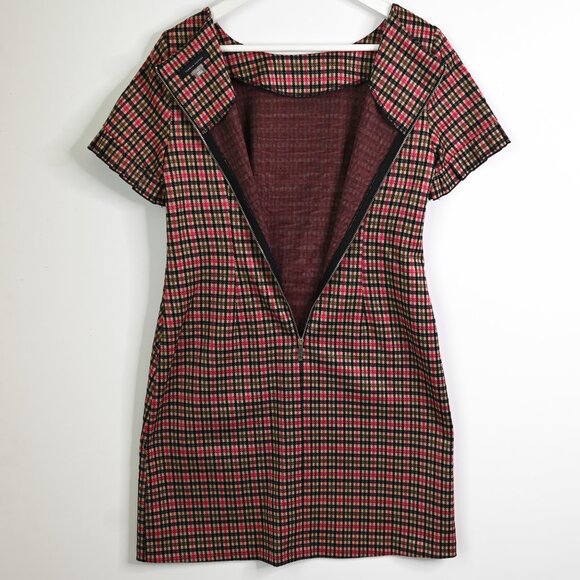TOMMY HILFIGER Red Tan Olive Green Black Plaid Houndstooth Shift Dress - Size 4 - Picture 10 of 14